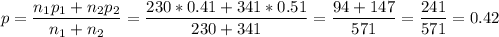 p=\dfrac{n_1p_1+n_2p_2}{n_1+n_2}=\dfrac{230*0.41+341*0.51}{230+341}=\dfrac{94+147}{571} =\dfrac{241}{571}=0.42