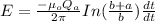 E =   \frac{- \mu_o Q_a }{2 \pi} In (\frac{b+a}{b}) \frac{dt}{dt}