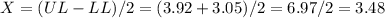 X=(UL-LL)/2=(3.92+3.05)/2=6.97/2=3.48