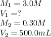 M_1=3.0M\\V_1=?\\M_2=0.30M\\V_2=500.0mL