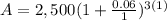 A=2,500(1+\frac{0.06}{1} )^{3(1)}