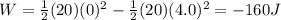 W=\frac{1}{2}(20)(0)^2-\frac{1}{2}(20)(4.0)^2=-160 J