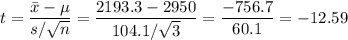 t=\dfrac{\bar x-\mu}{s/\sqrt{n}}=\dfrac{2193.3-2950}{104.1/\sqrt{3}}=\dfrac{-756.7}{60.1}=-12.59