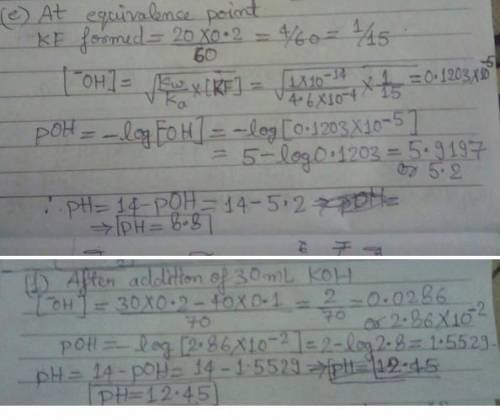 A 40.0-mL sample of 0.100 M HNO2 (Ka = 4.6 x 10-4 .) is titrated with 0.200 M KOH. Calculate: a. the