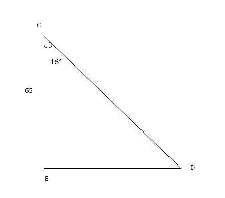 In ΔCDE, the measure of ∠E=90°, the measure of ∠C=16°, and EC = 65 feet. Find the length of DE to th