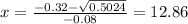 x=\frac{-0.32-\sqrt{0.5024}} {-0.08}=12.86