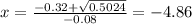 x=\frac{-0.32+\sqrt{0.5024}} {-0.08}=-4.86
