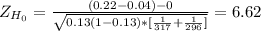 Z_{H_0}= \frac{(0.22-0.04)-0}{\sqrt{0.13(1-0.13)*[\frac{1}{317} +\frac{1}{296} ]} } = 6.62