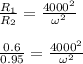 \frac{R_1}{R_2} = \frac{4000^2}{\omega^2}\\\\\frac{0.6}{0.95} = \frac{4000^2}{\omega^2}