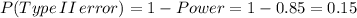 P(Type \,II\, error)=1-Power=1-0.85=0.15