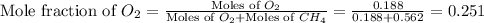 \text{Mole fraction of }O_2=\frac{\text{Moles of }O_2}{\text{Moles of }O_2+\text{Moles of }CH_4}=\frac{0.188}{0.188+0.562}=0.251