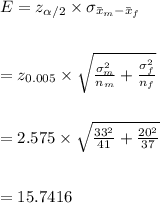 E=z_{\alpha/2}\times \sigma_{\bar x_m-\bar x_f}\\\\\\=z_{0.005}\times\sqrt{\frac{\sigma_m^2}{n_m}+\frac{\sigma_f^2}{n_f}}\\\\\\=2.575\times \sqrt{\frac{33^2}{41}+\frac{20^2}{37}}\\\\\\=15.7416