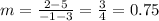 m = \frac{2-5}{-1-3} =\frac{3}{4} =0.75
