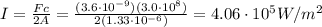 I=\frac{Fc}{2A}=\frac{(3.6\cdot 10^{-9})(3.0\cdot 10^8)}{2(1.33\cdot 10^{-6})}=4.06\cdot 10^5 W/m^2