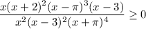 \dfrac{x(x+2)^2(x-\pi)^3(x-3)}{x^2(x-3)^2(x+\pi)^4} \ge 0