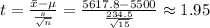 t=\frac{\bar{x}-\mu }{\frac{s }{\sqrt{n}}} =\frac{5617.8-5500 }{\frac{234.5 }{\sqrt{15}}} \approx 1.95