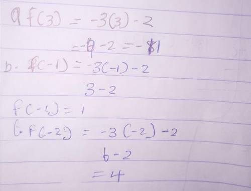 1 Given f(x) = -3x – 2, find the following. a. f(3) b. f(-1) c. f(-2)