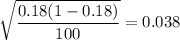 \sqrt{\dfrac{0.18(1-0.18)}{100}} =0.038