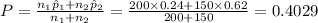 P=\frac{n_{1}\hat p_{1}+n_{2}\hat p_{2}}{n_{1}+n_{2}}=\frac{200\times 0.24+150\times 0.62}{200+150}=0.4029