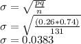 \sigma = \sqrt{\frac{pq}{n} } \\\sigma = \sqrt{\frac{(0.26*0.74)}{131} } \\\sigma = 0.0383