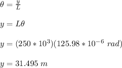 \theta = \frac{y}{L} \\ \\ y = L \theta \\ \\ y = (250*10^3 )(125.98*10^{-6} \ rad) \\ \\ y = 31.495 \ m