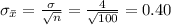 \sigma_{\bar x}=\frac{\sigma}{\sqrt{n}}=\frac{4}{\sqrt{100}}=0.40