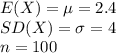 E(X)=\mu=2.4\\SD(X)=\sigma=4\\n=100