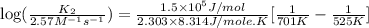 \log (\frac{K_2}{2.57M^{-1}s^{-1}})=\frac{1.5\times 10^5J/mol}{2.303\times 8.314J/mole.K}[\frac{1}{701K}-\frac{1}{525K}]