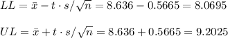 LL=\bar x-t \cdot s/\sqrt{n}=8.636-0.5665=8.0695\\\\UL=\bar x+t \cdot s/\sqrt{n}=8.636+0.5665=9.2025