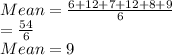 Mean=\frac{6+12+ 7+ 12+ 8+ 9}{6} \\=\frac{54}{6} \\Mean=9