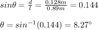sin\theta=\frac{d}{l}=\frac{0.128m}{0.89m}=0.144\\\\\theta=sin^{-1}(0.144)=8.27\°
