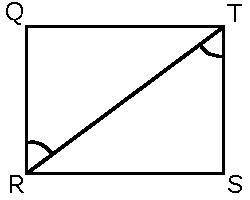 Rectangle QRST is shown. Angle QRT is congruent to angle STR, and angle STR is complementary to angl