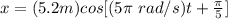 x= (5.2 m)cos[ (5\pi \  rad/s)t+ \frac\pi5]