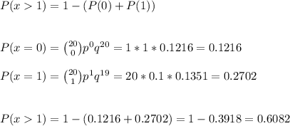 P(x1)=1-(P(0)+P(1))\\\\\\P(x=0) = \binom{20}{0} p^{0}q^{20}=1*1*0.1216=0.1216\\\\P(x=1) = \binom{20}{1} p^{1}q^{19}=20*0.1*0.1351=0.2702\\\\\\ P(x1)=1-(0.1216+0.2702)=1-0.3918=0.6082