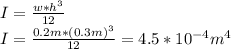 I=\frac{w*h^{3} }{12} \\ I=\frac{0.2m*(0.3m)^{3} }{12}=4.5*10^{-4}m^{4}
