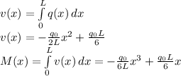 v(x)=\int\limits^L_0 {q(x)} \, dx\\v(x)=-\frac{q_{0}}{2L} x^{2}+\frac{q_{0} L}{6} \\M(x)=\int\limits^L_0 {v(x)} \, dx=-\frac{q_{0}}{6L} x^{3}+\frac{q_{0} L}{6}x