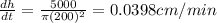 \frac{dh}{dt}=\frac{5000}{\pi(200)^2}=0.0398cm/min