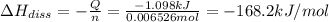 \Delta H_{diss}=-\frac{Q}{n}=\frac{-1.098 kJ}{0.006526 mol}=-168.2 kJ/mol