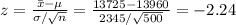 z=\frac{\bar x-\mu}{\sigma/\sqrt{n}}=\frac{13725-13960}{2345/\sqrt{500}}=-2.24
