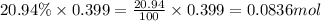 20.94\% \times 0.399=\frac{20.94}{100}\times 0.399=0.0836mol