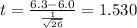 t=\frac{6.3-6.0}{\frac{1}{\sqrt{26}}}=1.530