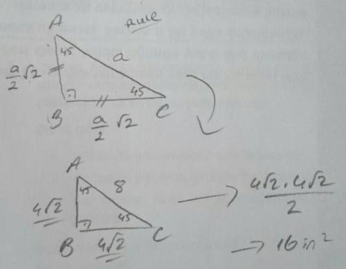 What is the area of a right triangle with a hypotenuse of 8 inches if one of the acute angles is 45