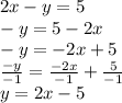 2x-y=5\\-y=5-2x\\-y=-2x+5\\\frac{-y}{-1} =\frac{-2x}{-1} +\frac{5}{-1} \\y=2x-5