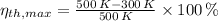 \eta_{th,max} = \frac{500\,K-300\,K}{500\,K} \times 100\,\%