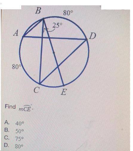 Find measure of arc CE A. 40° B.50° C.75° D.80°