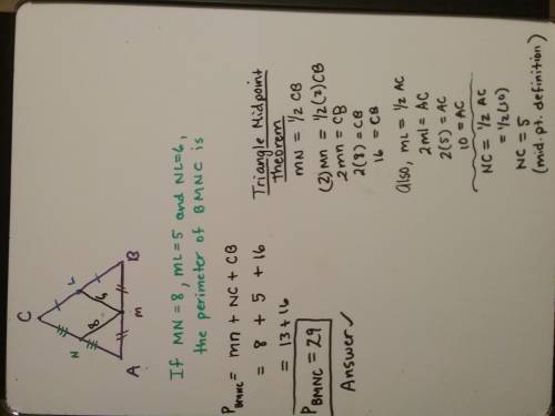 In triangle abc, l is the midpoint of bc, m is the midpoint of ab and n is the midpoint of ac. if mn