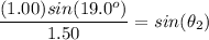 \dfrac{(1.00)sin(19.0^o)}{1.50}  = sin(\theta_2)