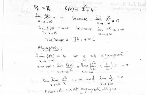 What are the domain, range, and asymptote of h(x)= 2^x+4
