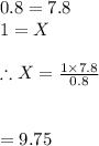 0.8=7.8\\1=X\\\\\therefore X=\frac{1\times 7.8}{0.8}\\\\\\=9.75