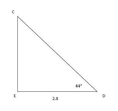 In ΔCDE, the measure of ∠E=90°, the measure of ∠D=44°, and DE = 2.8 feet. Find the length of EC to t